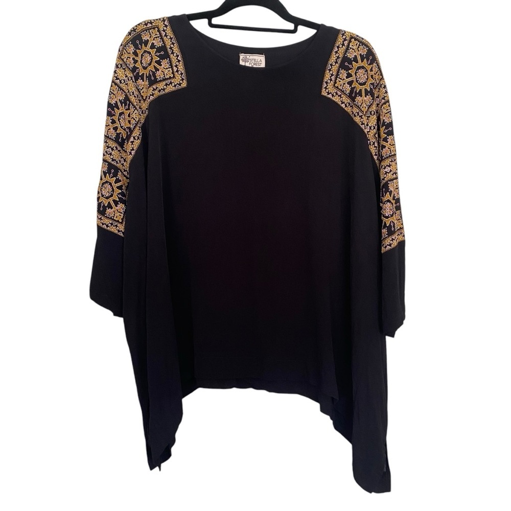 Stella Forest Womens Black Embroidered Blouse Shark Bite Hem Poncho EU Size 36